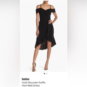 Bebe Black Cold Shoulder Ruffle Hem Midi Dress - Size 10